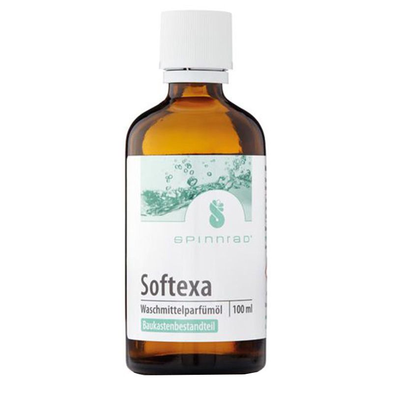 Braune Glasflasche mit weißem Deckel und Etikett. Aufschrift: Spinnrad, Softexa, Waschmittelparfümöl.