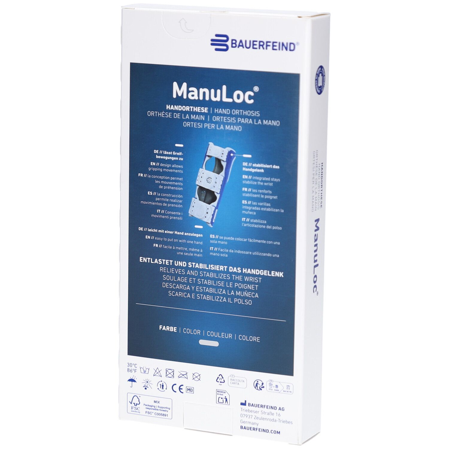 Rückseite der Manuloc Handorthese Verpackung. Produktinformationen, CE-Kennzeichnung, Herstelleradresse. Handorthese.