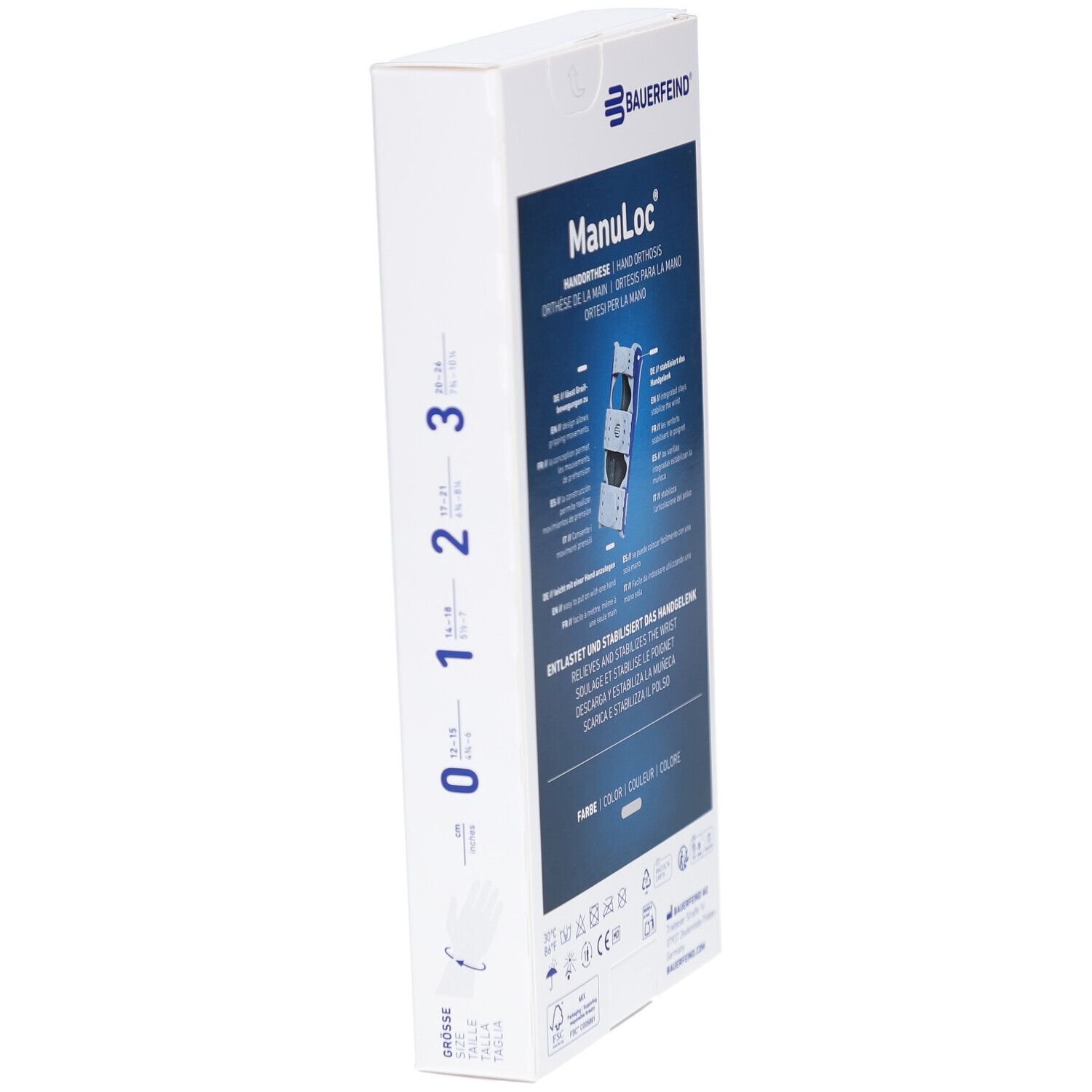 Seitenansicht der Manuloc Handorthese Verpackung. Größenangaben 0-3. Bauerfeind Logo. Handorthese.