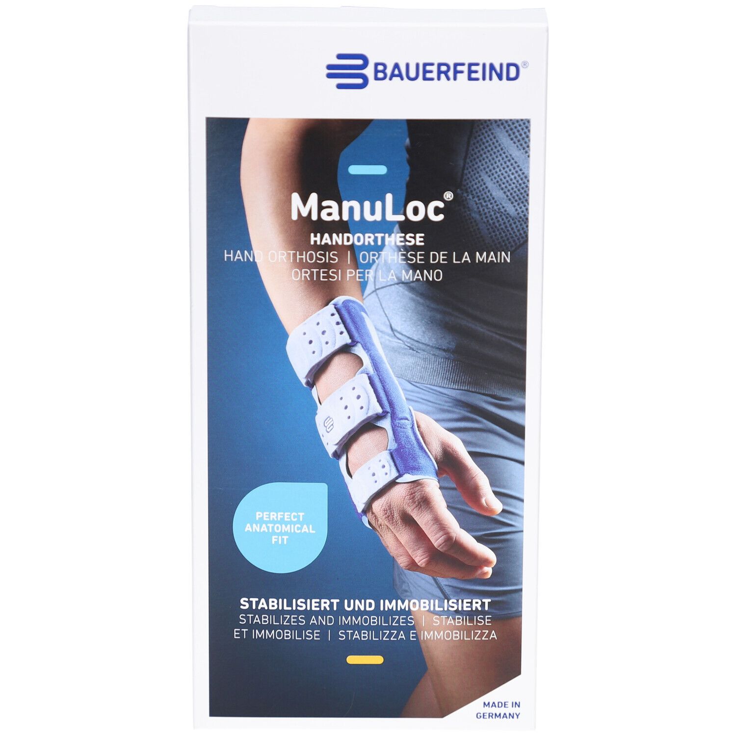 Manuloc Handorthese am Handgelenk. Weiß-blaue Handorthese. Perfekte anatomische Passform. Stabilisiert und immobilisiert.