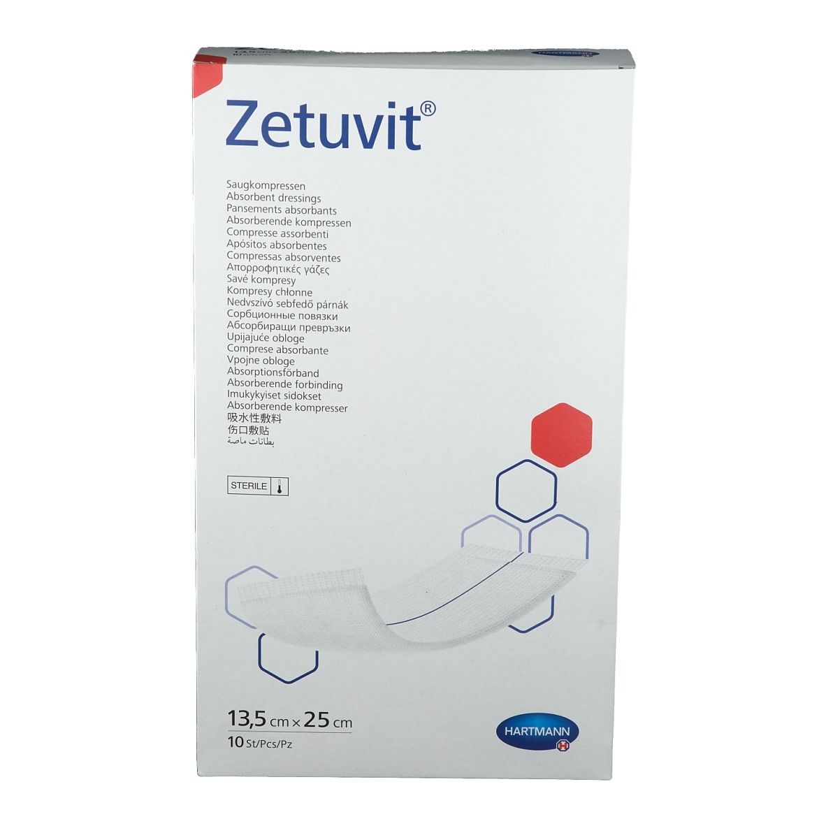 Verpackung von Zetuvit Saugkompressen. Aufdruck: 13,5 cm x 25 cm, 10 Stück. Logo Hartmann.