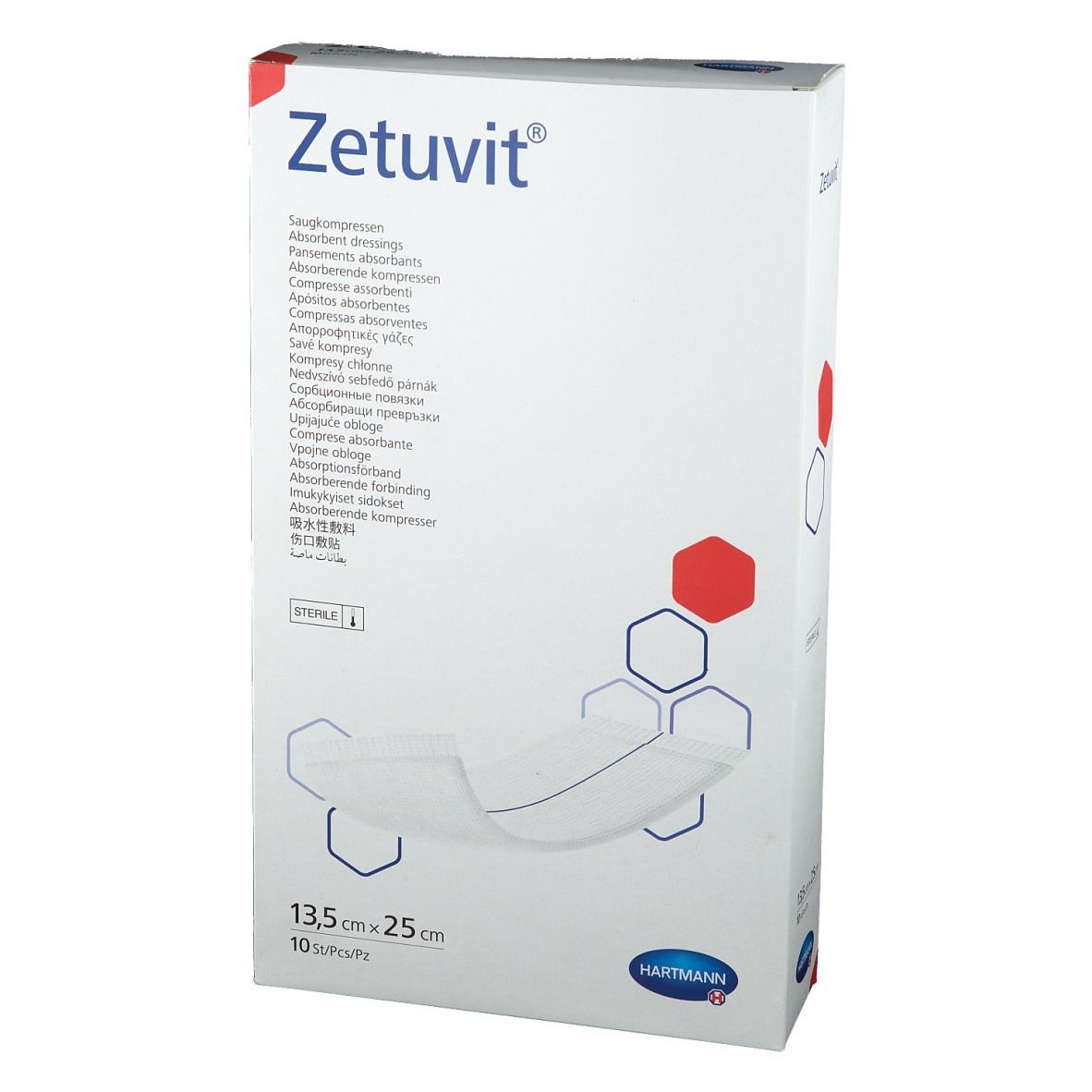 Verpackung von Zetuvit Saugkompressen. Aufdruck: 13,5 cm x 25 cm, 10 Stück. Logo Hartmann.