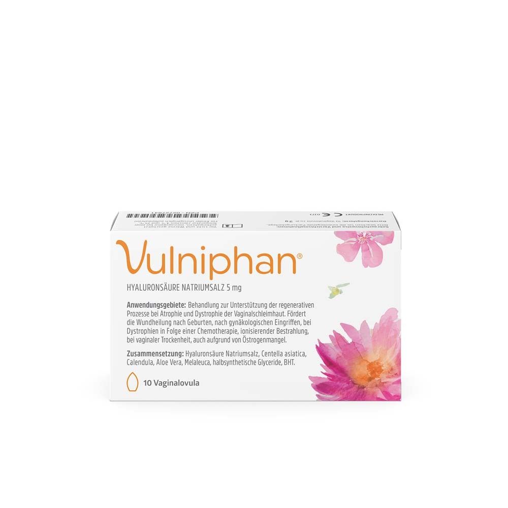 Schachtel Vulniphan®. Anwendungshinweise. Inhaltsstoffe. Packung mit 10 Vaginalovula. Aufdruck: Vulniphan®.