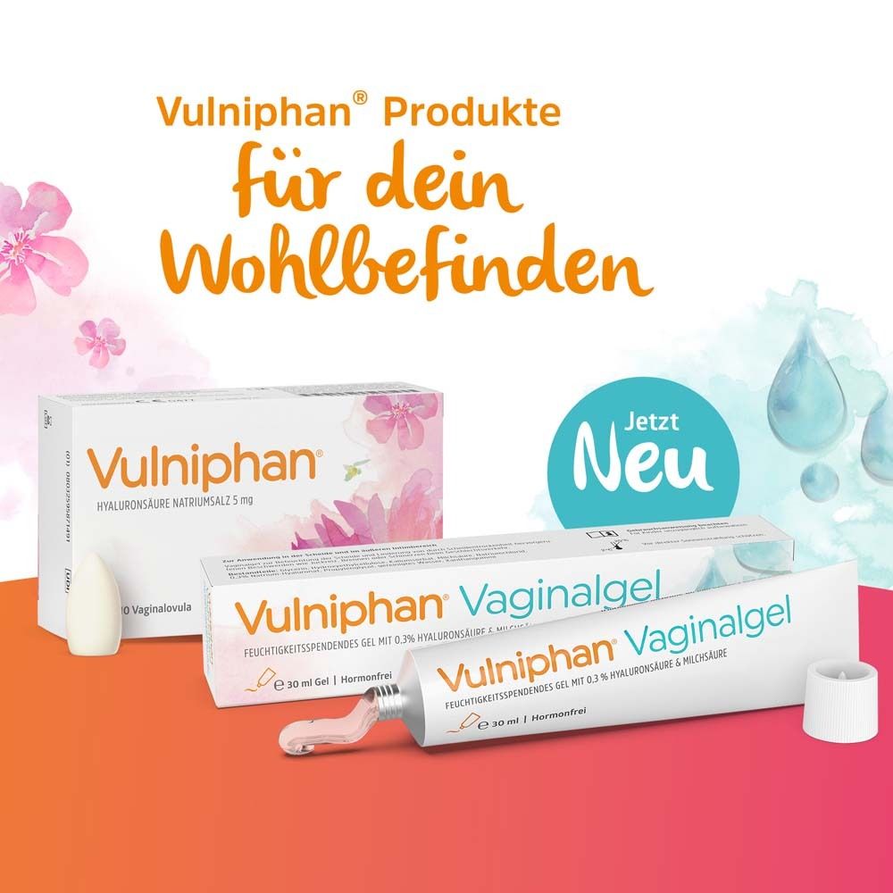 Text-Grafik. Vulniphan® Produkte für dein Wohlbefinden. Zwei Packungen Vaginalgel. Aufdruck: Vulniphan®.