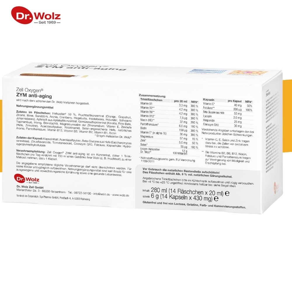 Rückseite der Verpackung von Zell Oxygen® ZYM anti-aging. Enthält Nährwertangaben und Inhaltsstoffe.