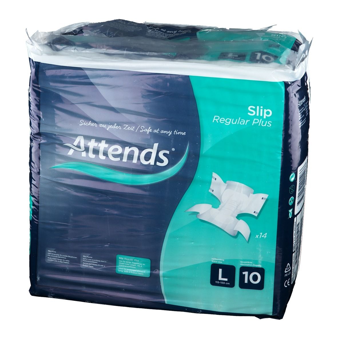 Attends Slip Regular Plus L10-Packung. Blaue Verpackung mit Produktabbildung. Schriftzug "Attends", "Slip Regular Plus", "L 10".