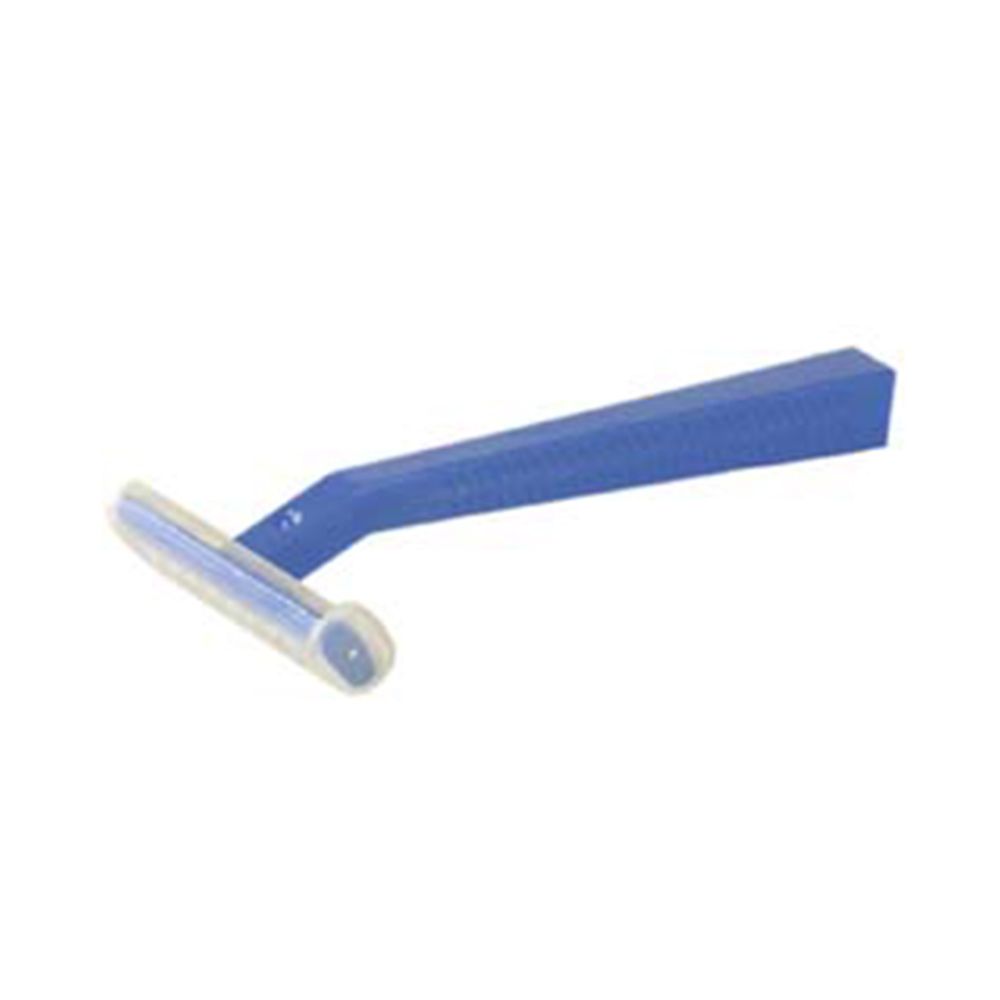Einmalrasierer, blau. Klinge mit Schutzhülle. Griff mit Winkel.