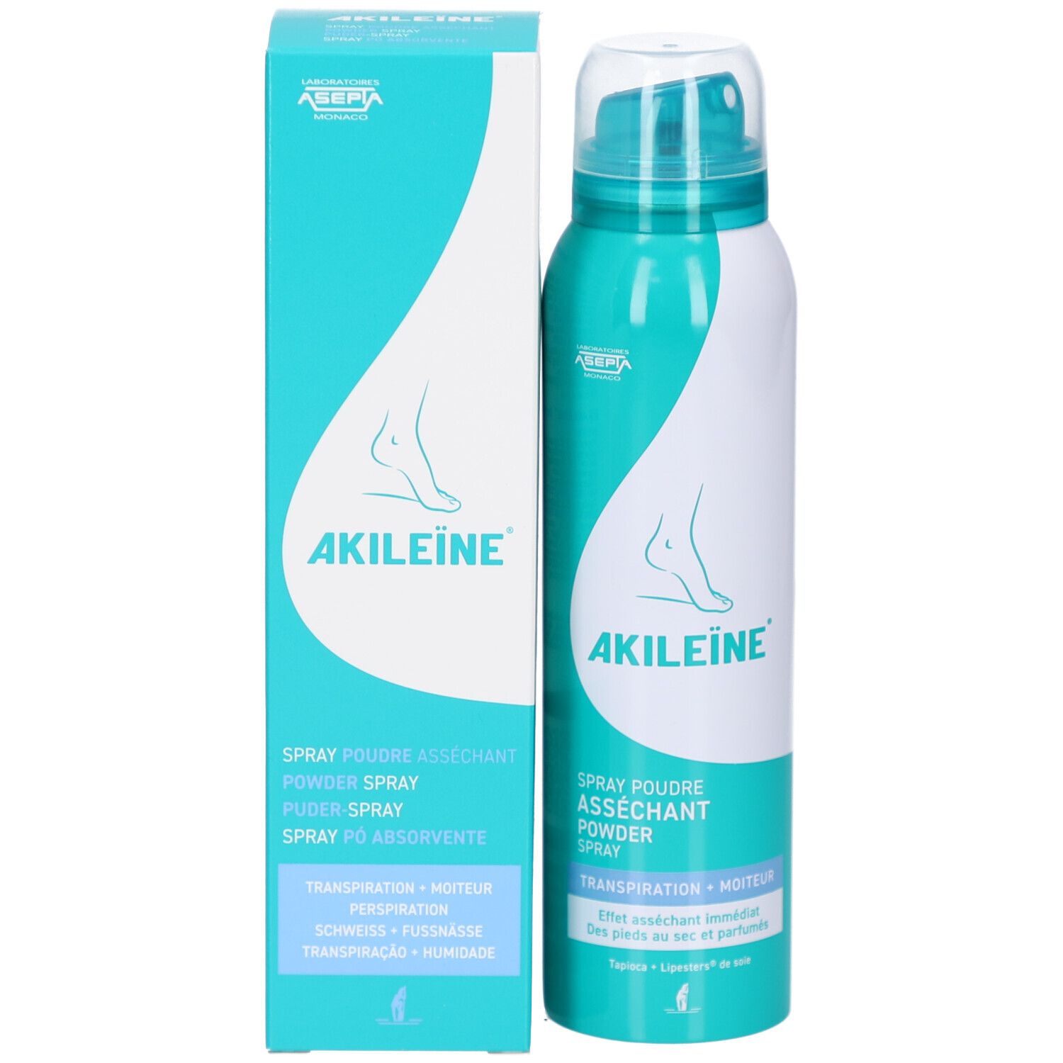 Produktverpackung mit Spraydose und Schachtel. Spraydose: AKILEINE, Spray Poudre Asséchant. Schachtel: AKILEINE, Fuß-Grafik.