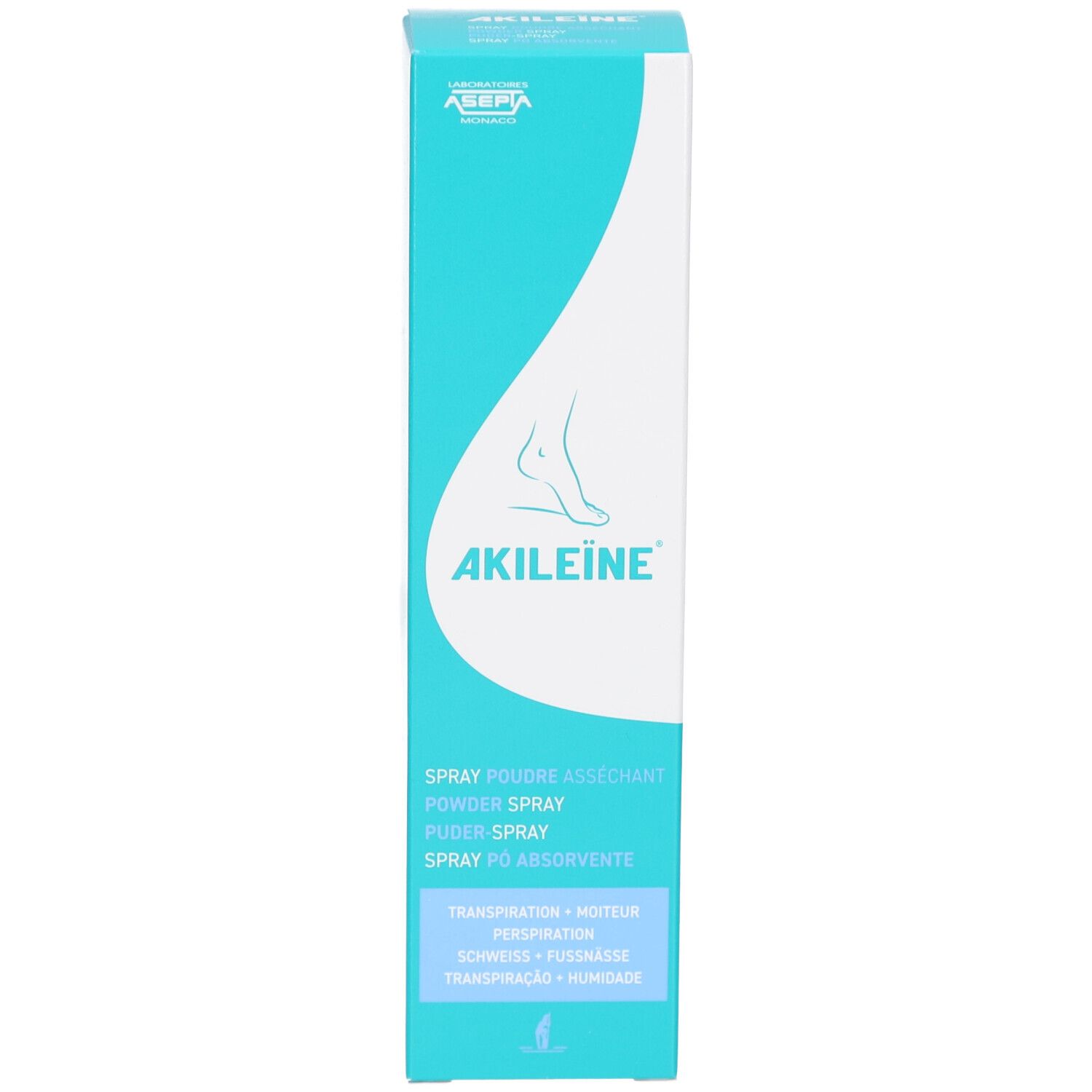 Hohe, blaue Produktverpackung. Aufschrift: AKILEINE, Spray Poudre Asséchant. Fuß-Grafik. Text in mehreren Sprachen.