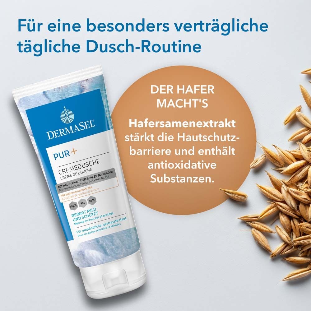 Produkt-Tube DermaSel PUR+ neben einem braunen Kreis. Text: Der Hafer macht's. Hafer-Extrakt stärkt die Hautschutzbarriere.