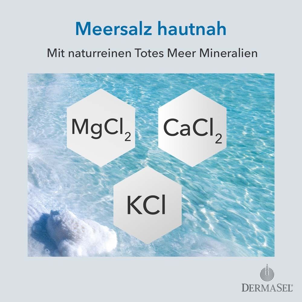 Drei sechseckige Formen mit Text. Text: Meersalz hautnah. Mit naturreinen Totes Meer Mineralien. MgCl2, CaCl2, KCl.