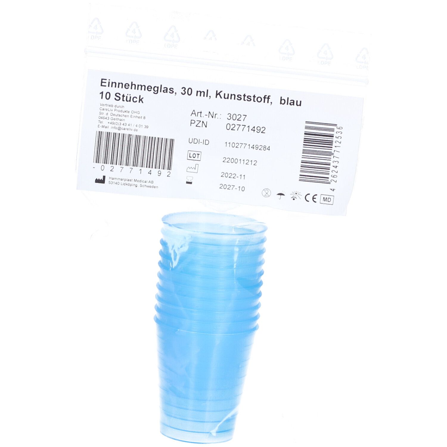Blaue Einwegbecher in Folienverpackung. Aufdruck mit Produktinformationen: Einnehmeglas, 30 ml, blau, 10 Stück.