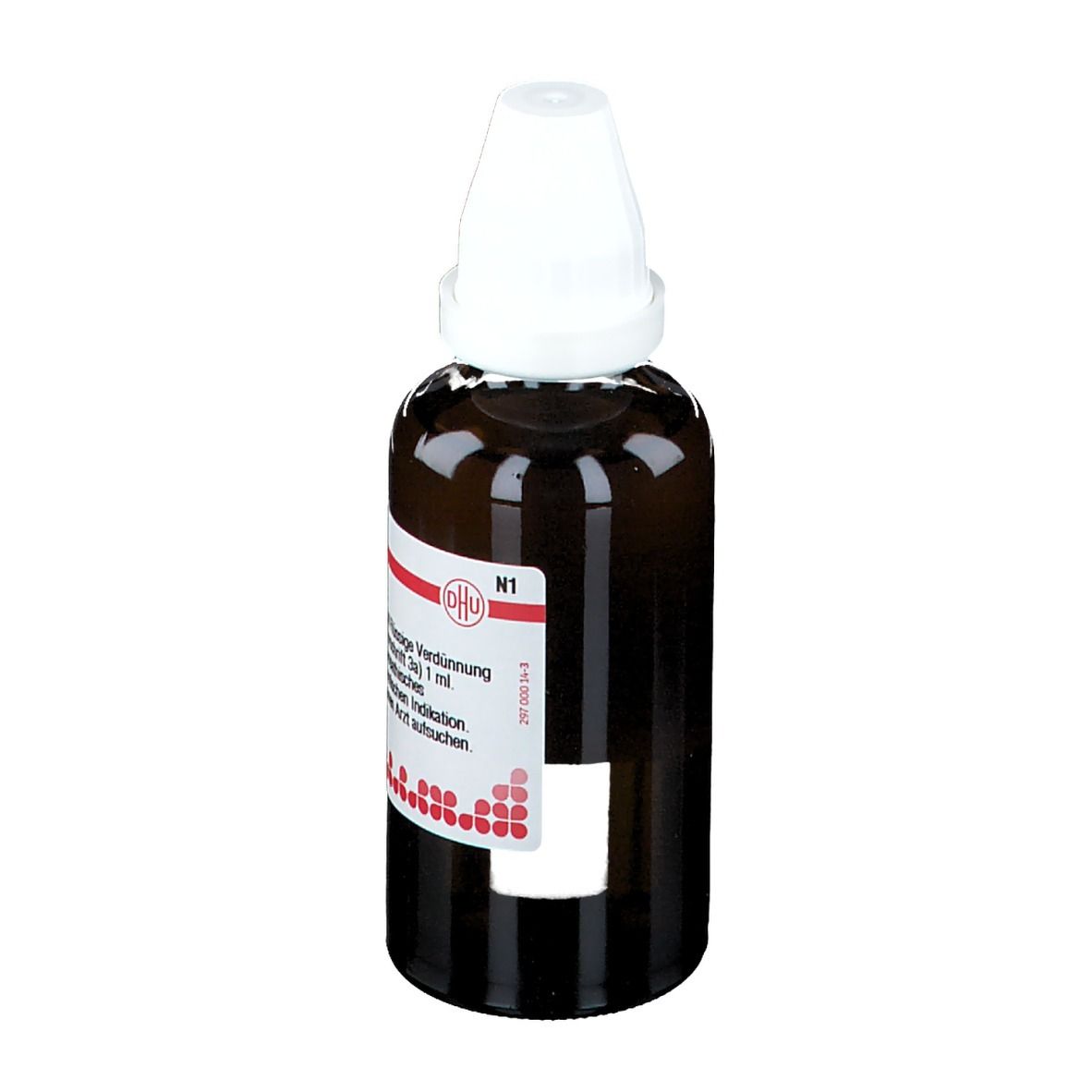 Braune Glasflasche mit weißem Verschluss. Etikett mit Produktinformationen. Aufschrift: Agaricus D 4.