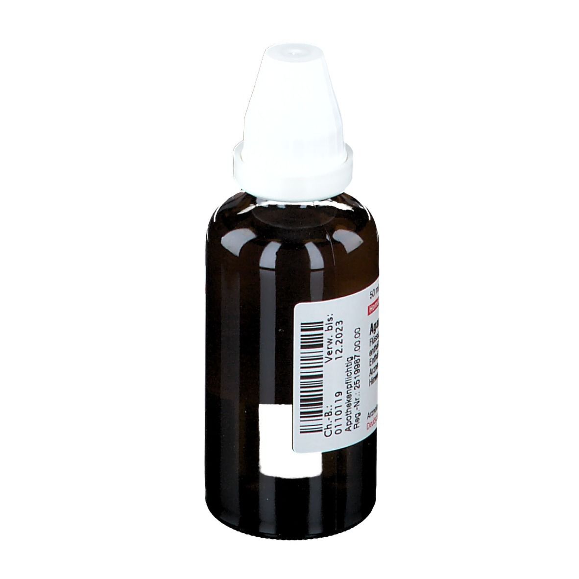Braune Glasflasche mit weißem Verschluss. Etikett mit Produktinformationen. Aufschrift: Agaricus D 4.