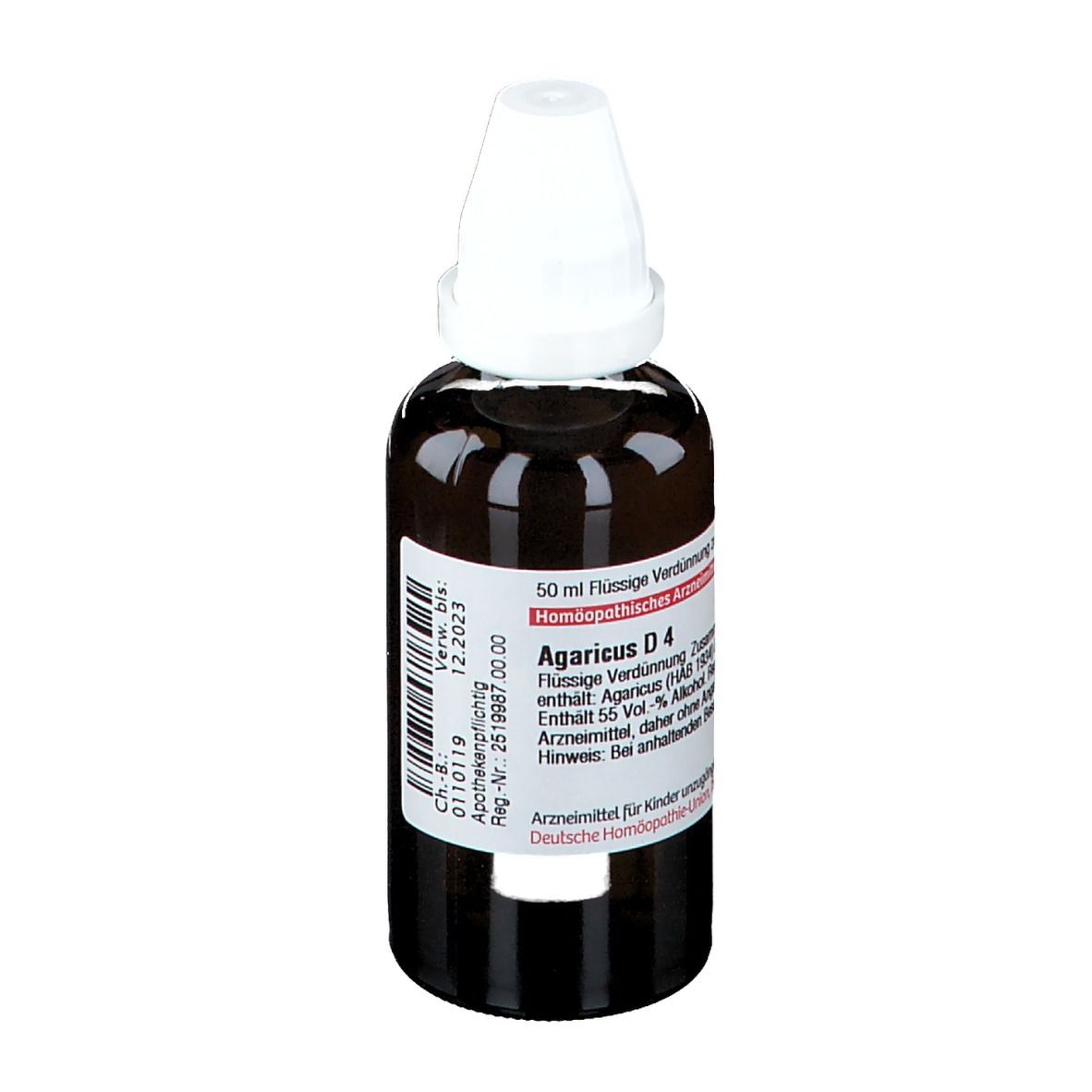 Braune Glasflasche mit weißem Verschluss. Etikett mit Produktinformationen. Aufschrift: Agaricus D 4.