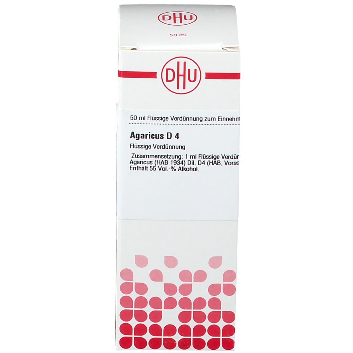 Weiße Produktverpackung mit DHU-Logo. Aufschrift: Agaricus D 4. Enthält Informationen zur Dosierung und Zusammensetzung.