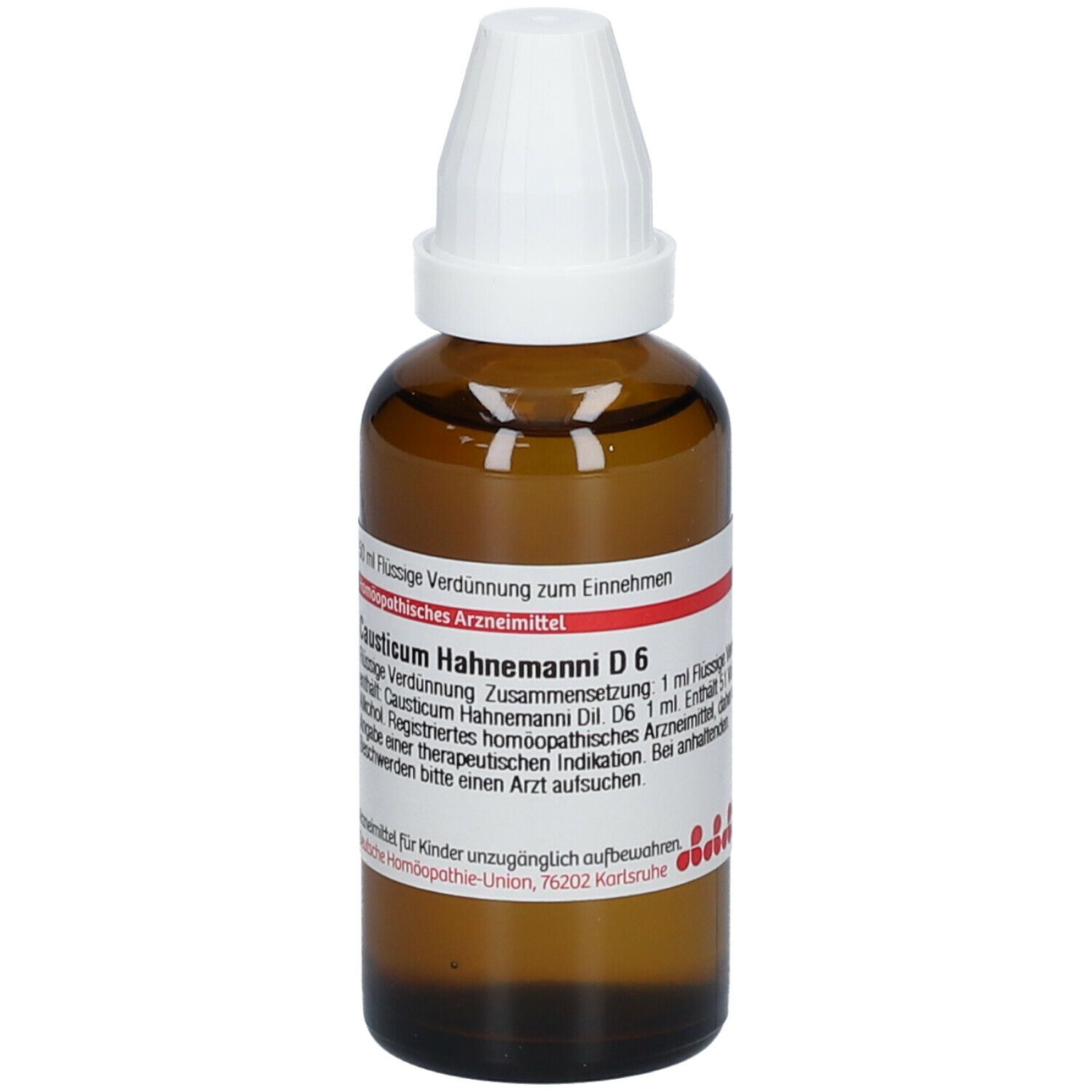 Braune Glasflasche mit weißem Verschluss. Etikett mit Text: Causticum Hahnemanni D6. Homöopathisches Arzneimittel.