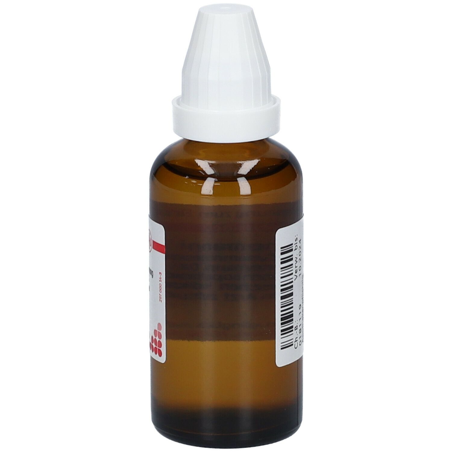 Braune Glasflasche mit weißem Verschluss. Etikett mit Text. Homöopathisches Arzneimittel. Flasche von der Seite.