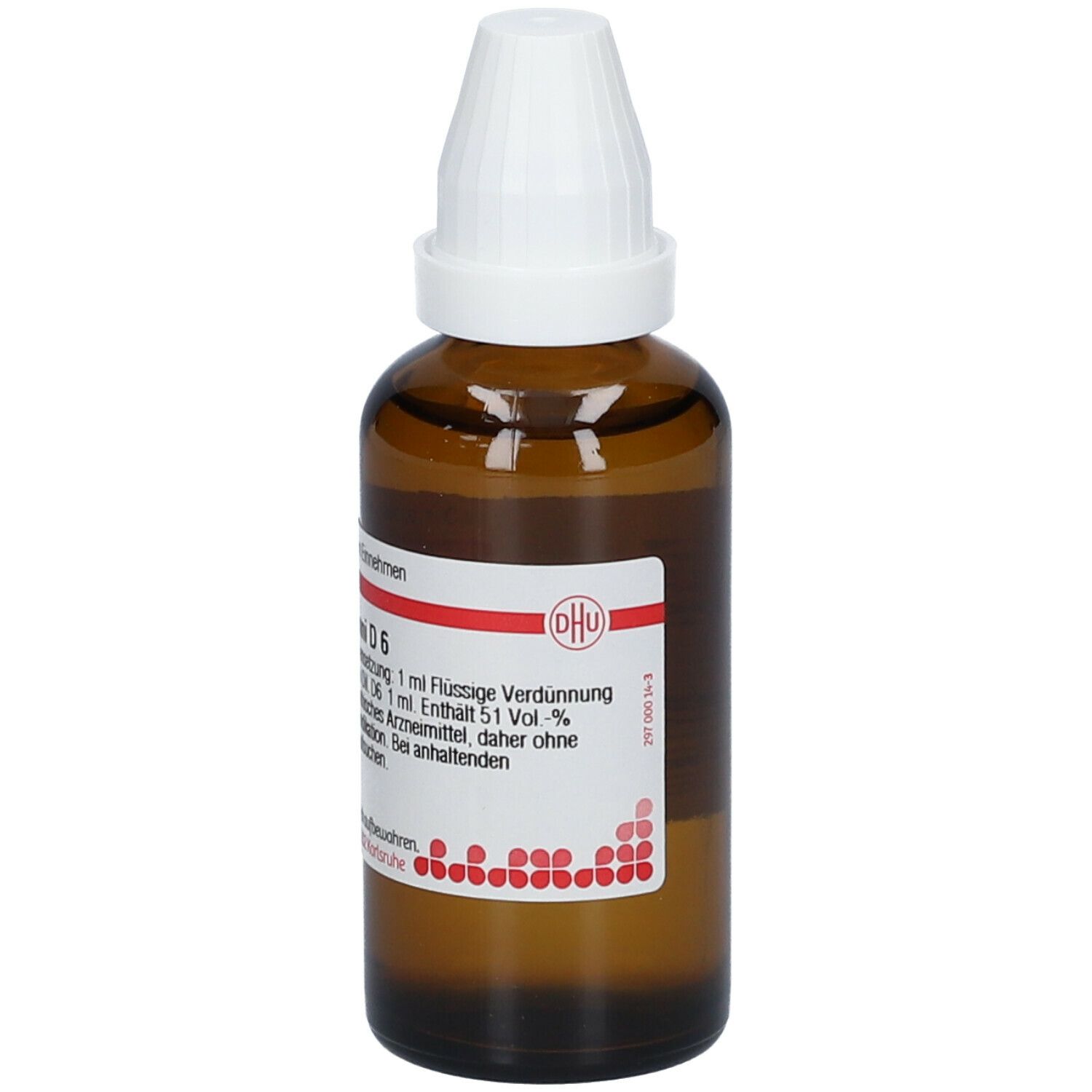 Braune Glasflasche mit weißem Verschluss. Etikett mit Text: Causticum Hahnemanni D6. DHU Logo. Homöopathisches Arzneimittel.