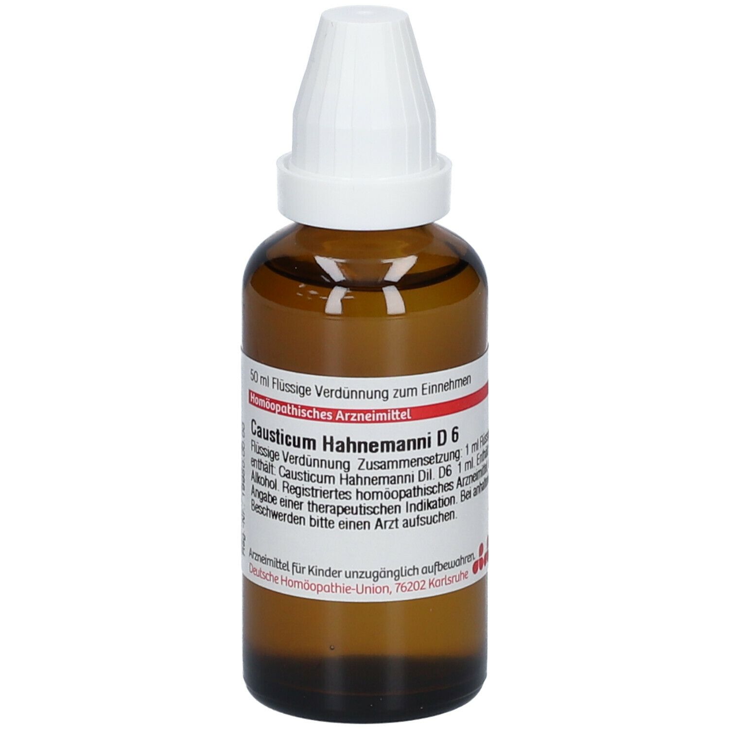 Braune Glasflasche mit weißem Verschluss. Etikett mit Text: Causticum Hahnemanni D6. 50 ml. Homöopathisches Arzneimittel.