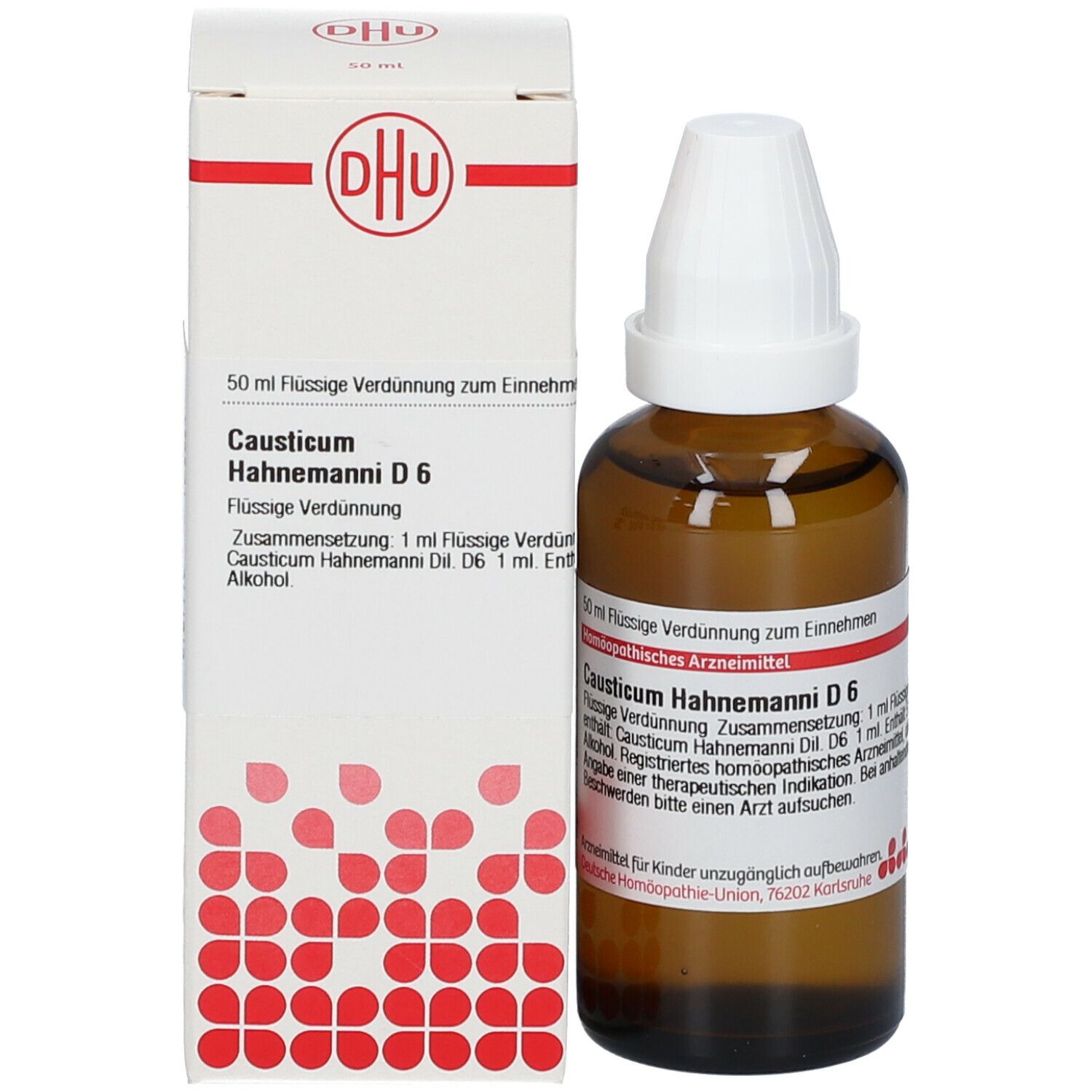 Braune Glasflasche und Schachtel. Auf der Schachtel: Causticum Hahnemanni D6. 50 ml. DHU Logo. Homöopathisches Arzneimittel.