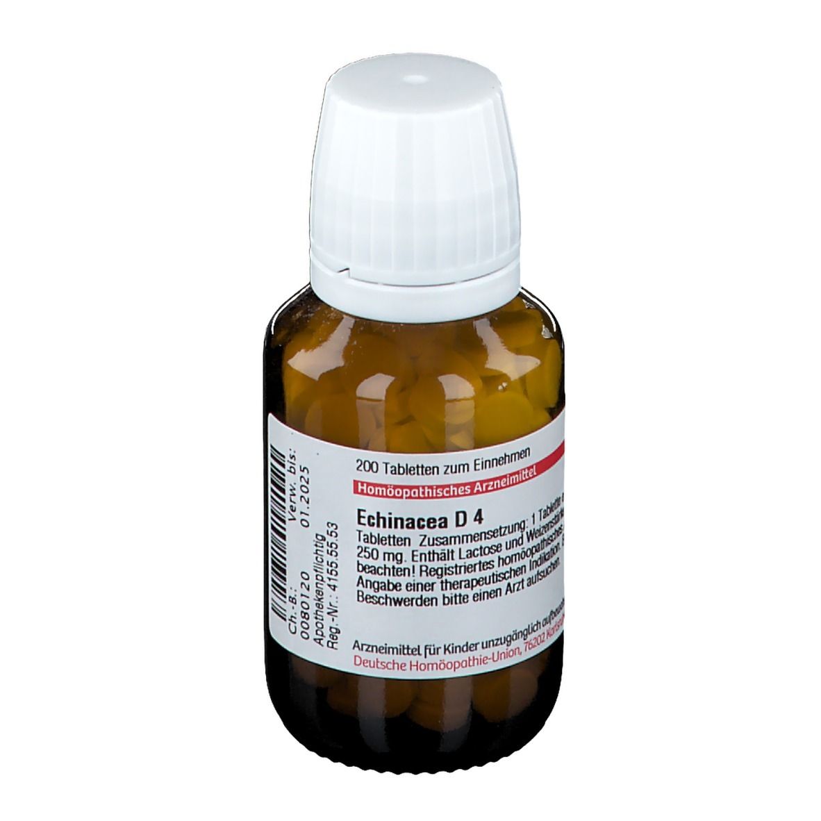 Braune Glasflasche mit weißen Tabletten und weißem Deckel. Etikett mit Produktinformationen.