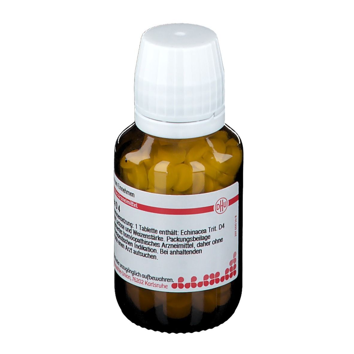 Braune Glasflasche mit weißen Tabletten und weißem Deckel. Etikett mit Produktinformationen.