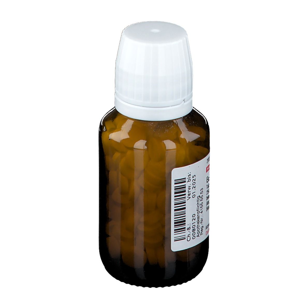 Braune Glasflasche mit weißen Tabletten und weißem Deckel. Etikett mit Produktinformationen.