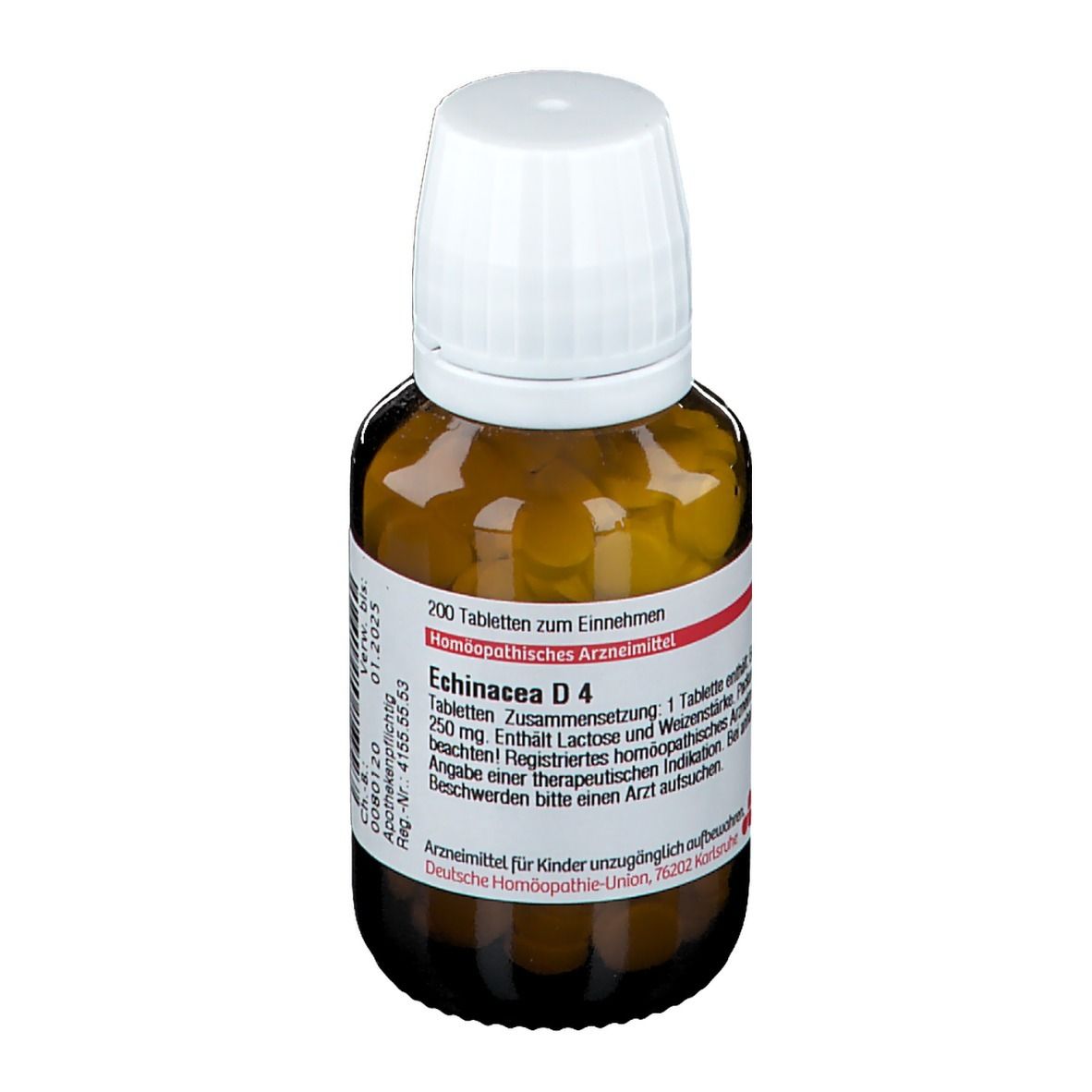 Braune Glasflasche mit weißen Tabletten und weißem Deckel. Etikett mit Produktinformationen.