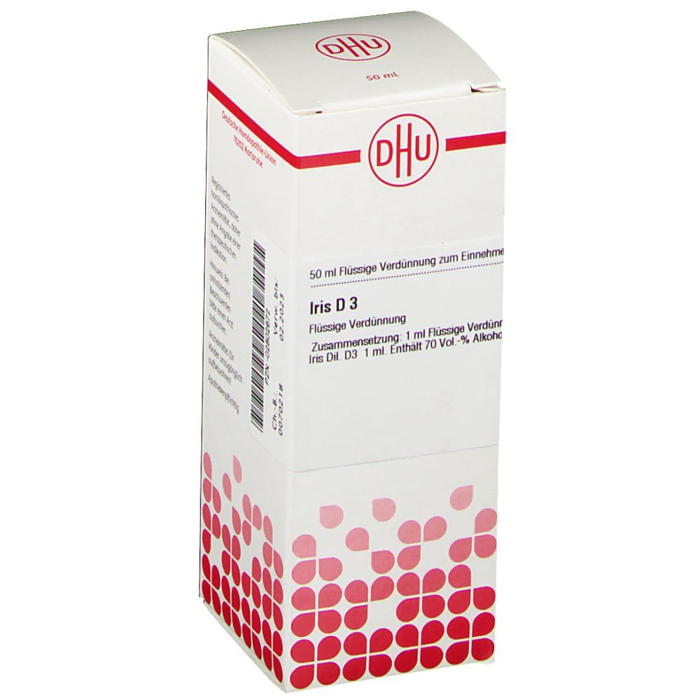 Weiße Faltschachtel mit rotem DHU-Logo. Aufschrift: Iris D3, 50 ml flüssige Verdünnung. Rote, blütenförmige Muster am unteren Rand.