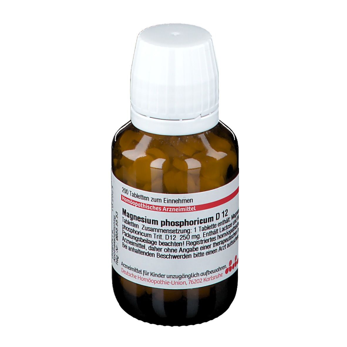 Braune Glasflasche mit weißem Deckel. Etikett mit Produktinformationen. Enthält Tabletten.