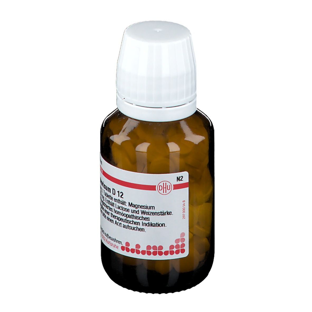 Braune Glasflasche mit weißem Deckel. Etikett mit Produktnamen und DHU-Logo. Enthält Tabletten.