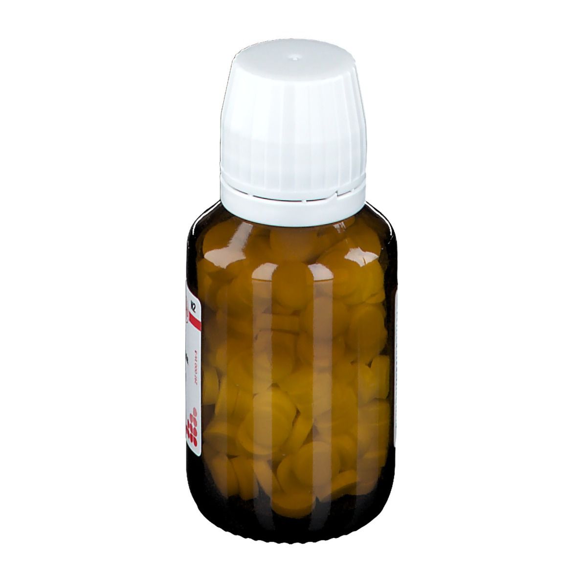 Braune Glasflasche mit weißem Deckel. Gefüllt mit Tabletten. Etikett nicht vollständig sichtbar.