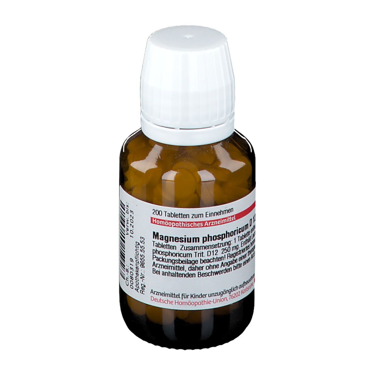 Braune Glasflasche mit weißem Deckel. Etikett mit Produktinformationen. Enthält Tabletten.