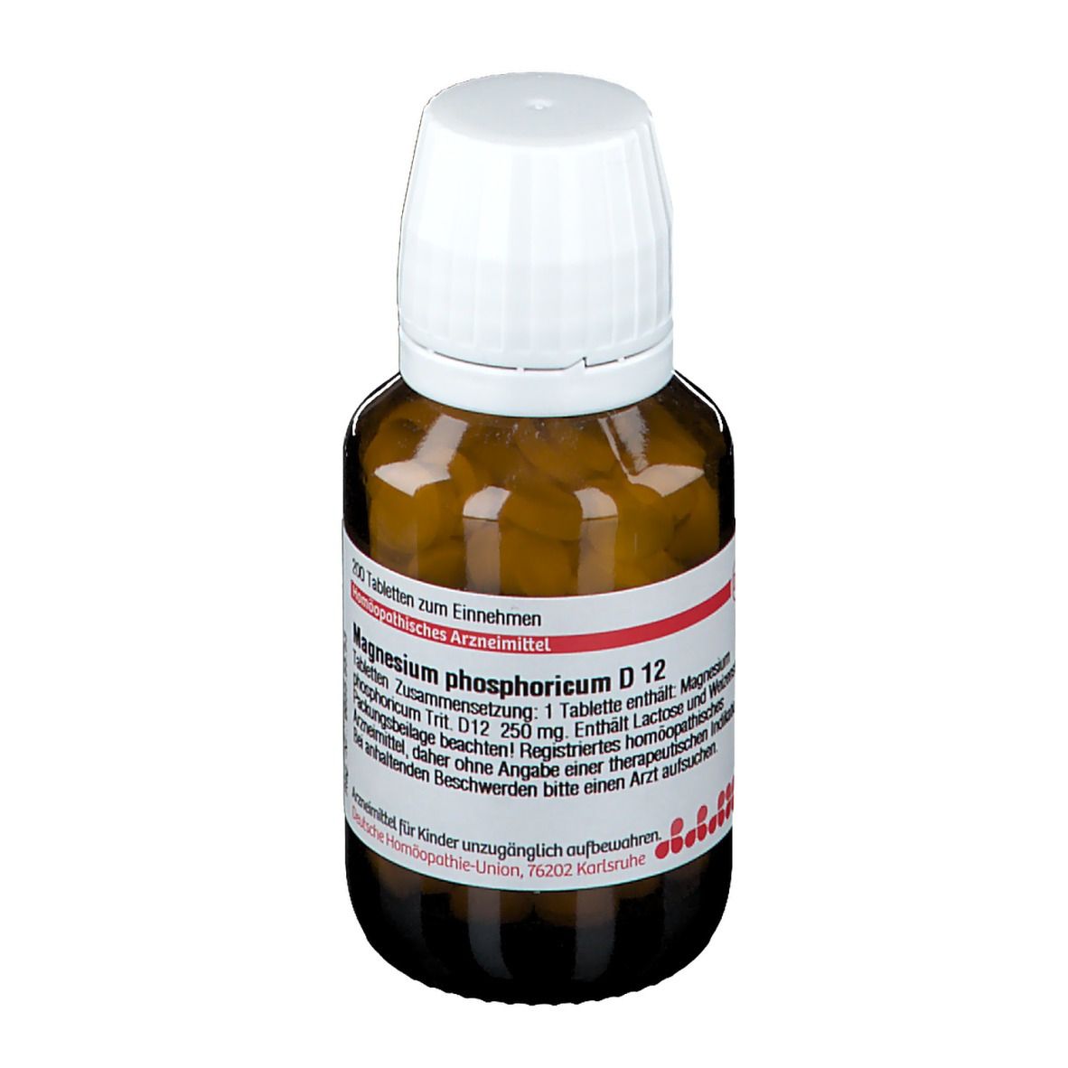 Braune Glasflasche mit weißem Deckel. Etikett mit Produktinformationen. Enthält Tabletten.