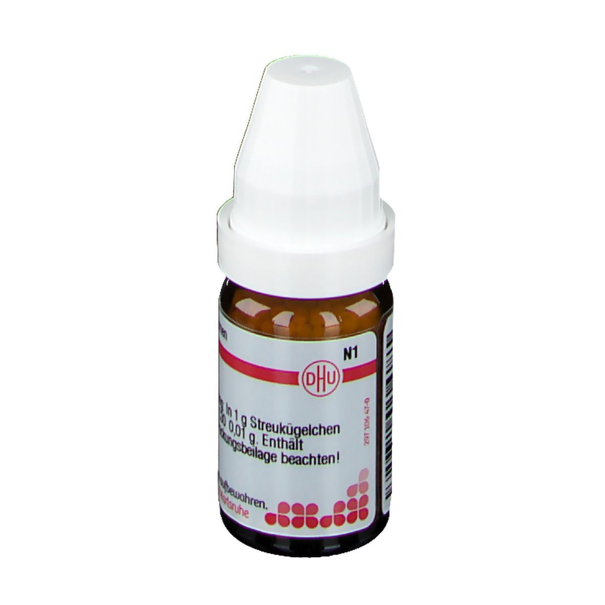 Braune Glasflasche mit weißem Deckel. Etikett mit Produktinformationen, darunter 'Nux vomica C30'.