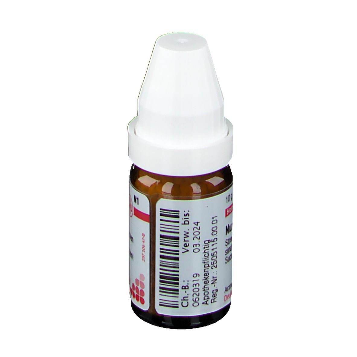 Braune Glasflasche mit weißem Deckel. Etikett mit Produktinformationen, darunter 'Nux vomica C30'.