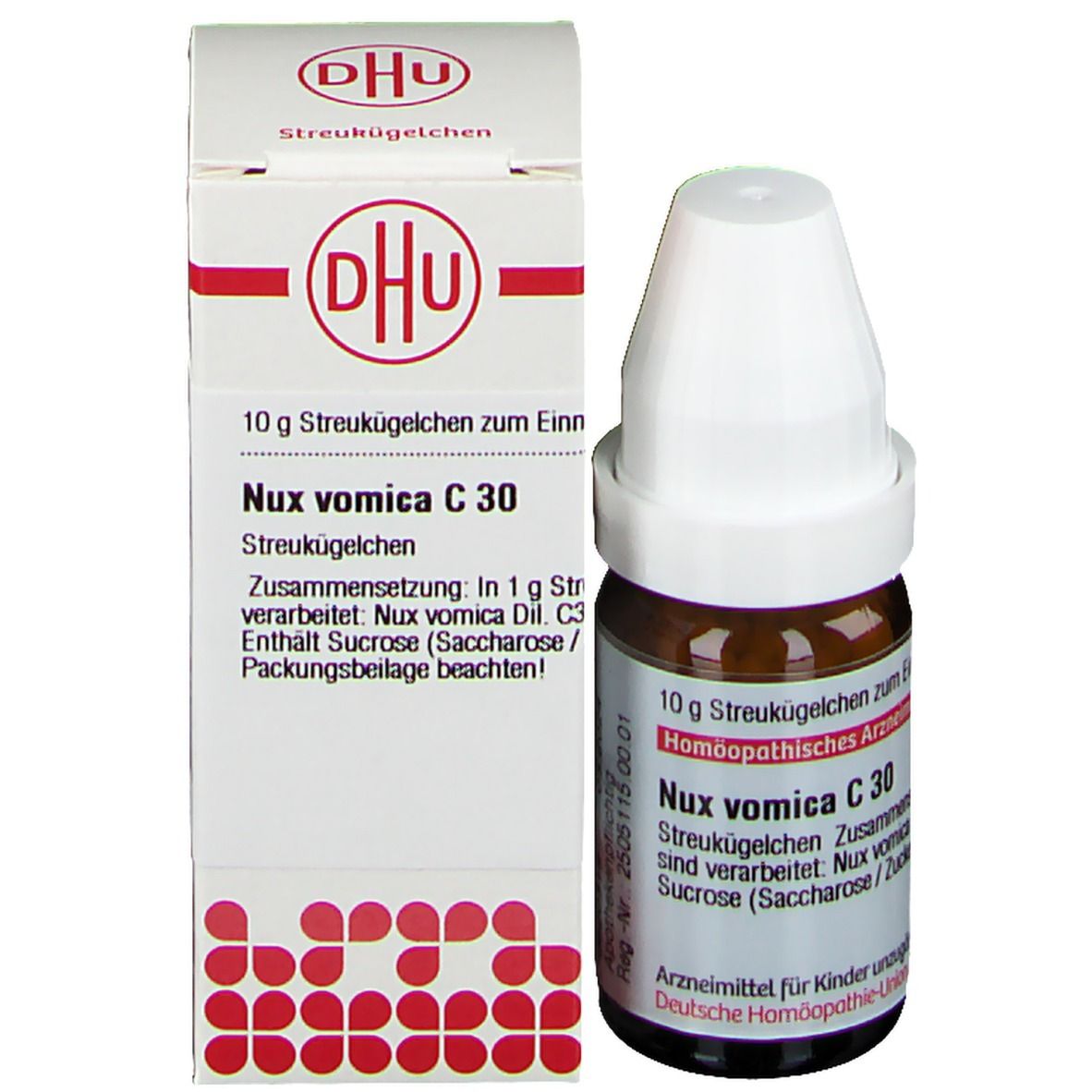 Braune Glasflasche mit weißem Deckel und daneben eine weiße Schachtel mit rotem Logo und Produktinformationen.