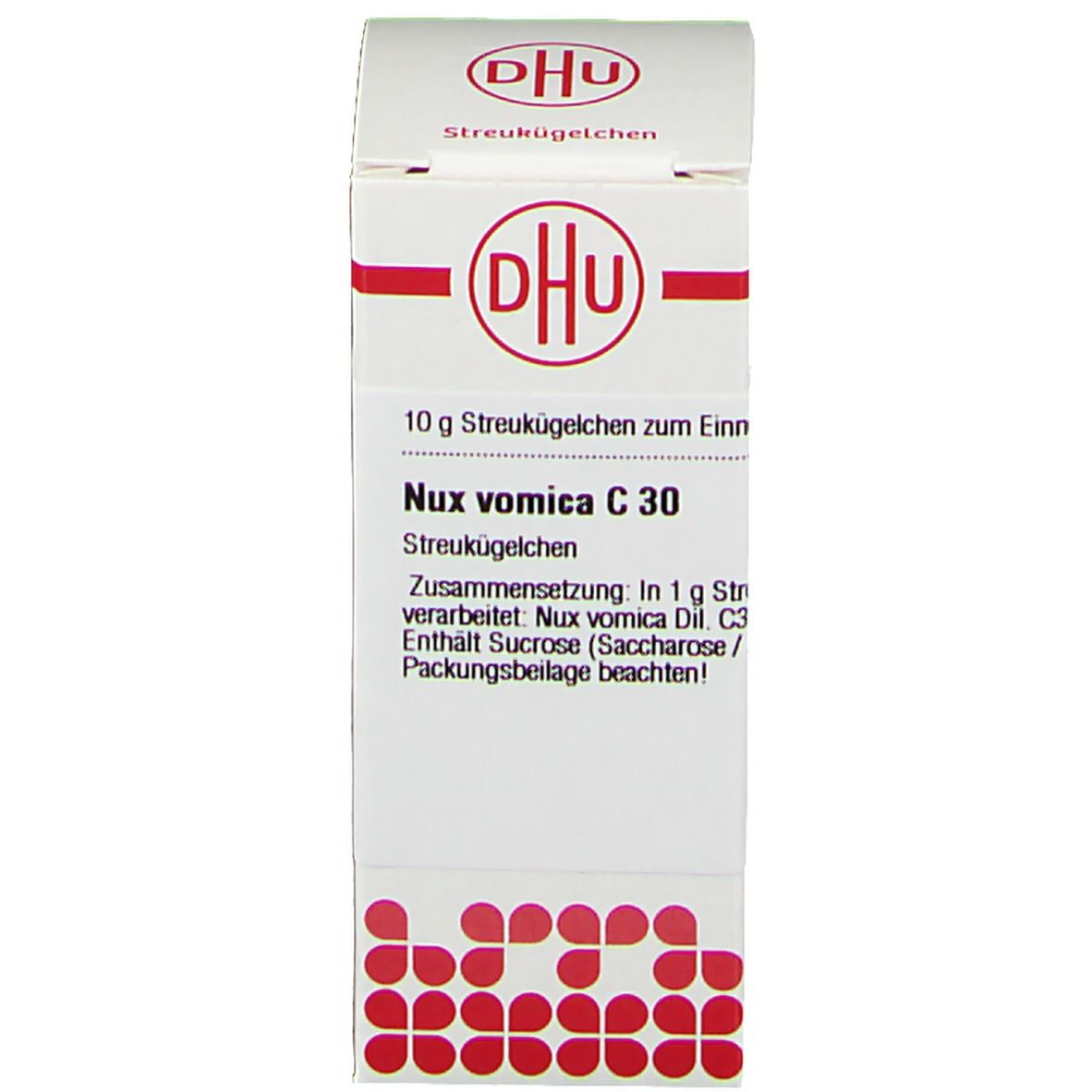 Weiße Schachtel mit rotem Logo und Produktinformationen. Aufgedruckt ist 'DHU' und 'Nux vomica C30'.