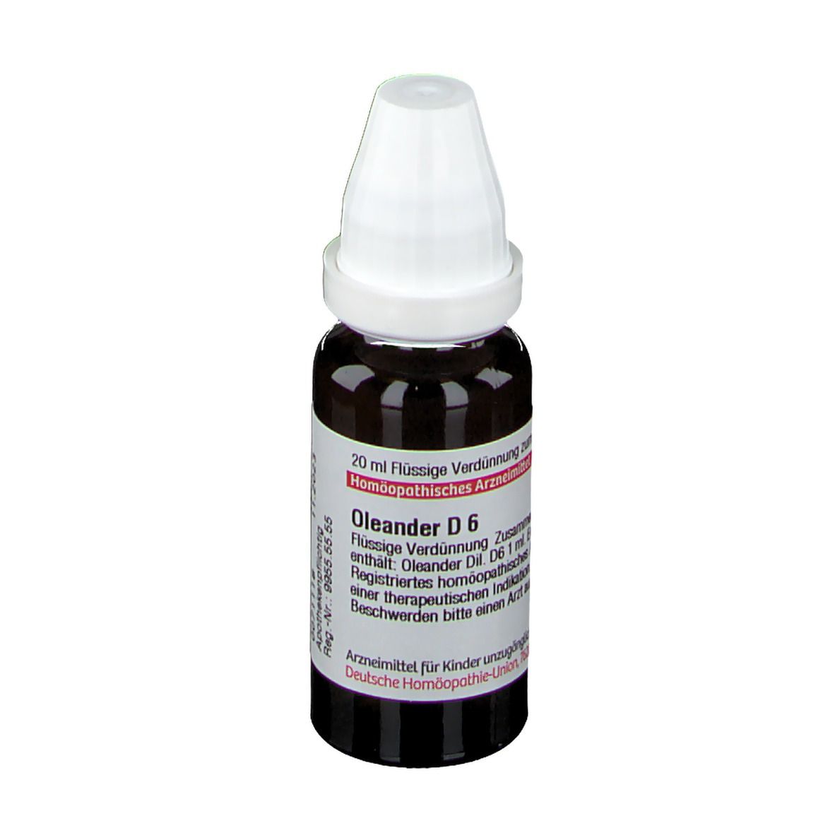 Braune Glasflasche mit weißem Verschluss. Etikett mit Text: Oleander D6, 20 ml flüssige Verdünnung. Zusammensetzung und Hinweise.