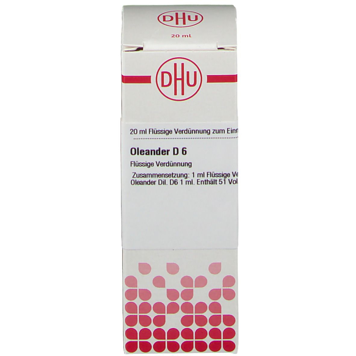 Weiße Schachtel mit rotem Logo DHU und Text: Oleander D6, 20 ml flüssige Verdünnung. Zusammensetzung und Hinweise.