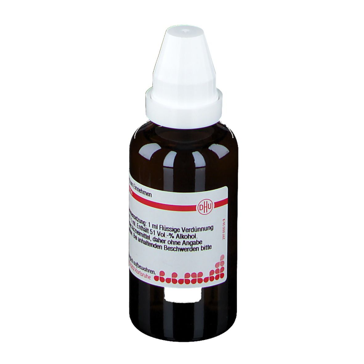 Braune Glasflasche mit weißem Verschluss. Beschriftung: DHU, Phosphorus D 10. Flüssige Verdünnung. Enthält 51 Vol.-% Alkohol.