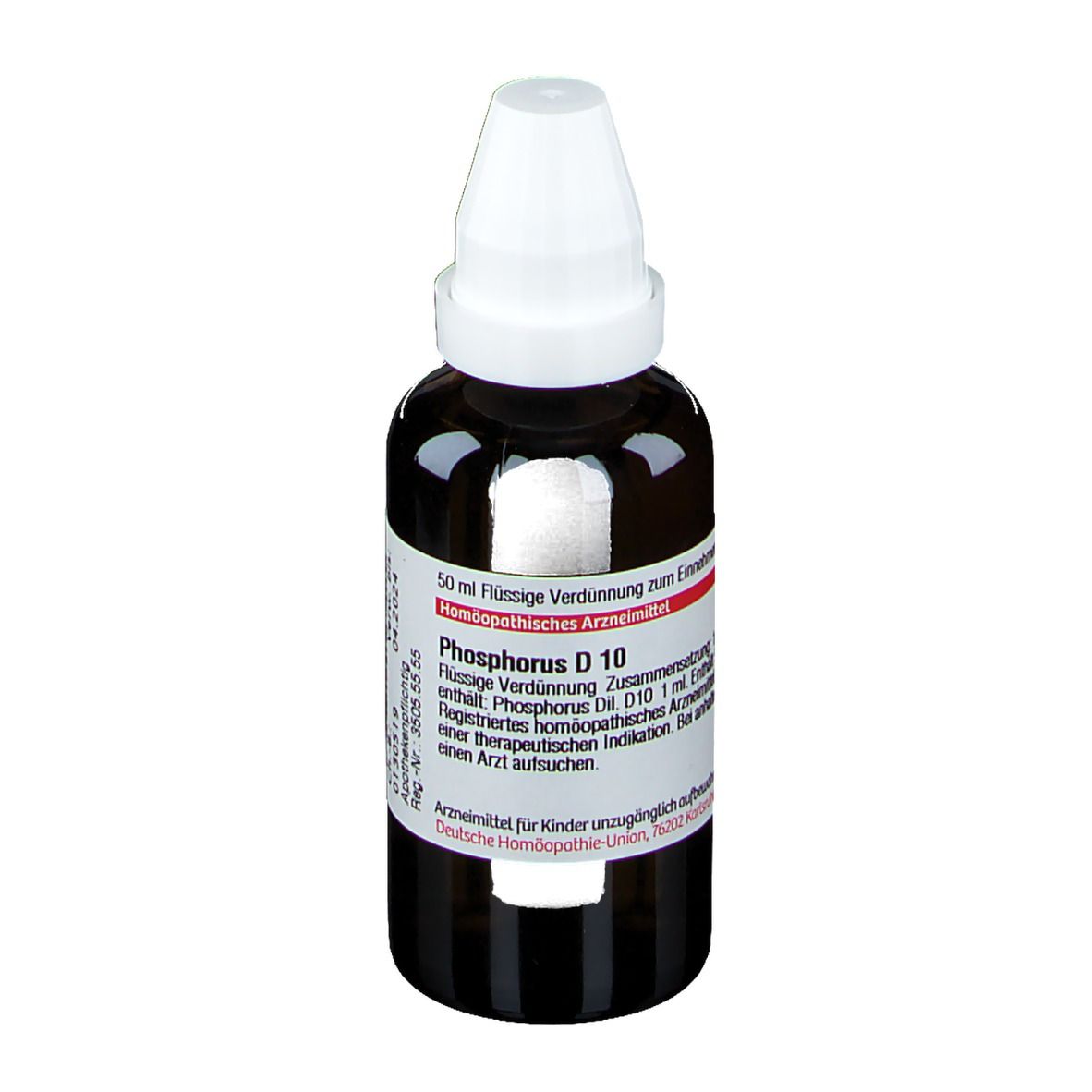 Braune Glasflasche mit weißem Verschluss. Beschriftung: Phosphorus D 10, DHU. Flüssige Verdünnung zum Einnehmen. Apothekenarznei.