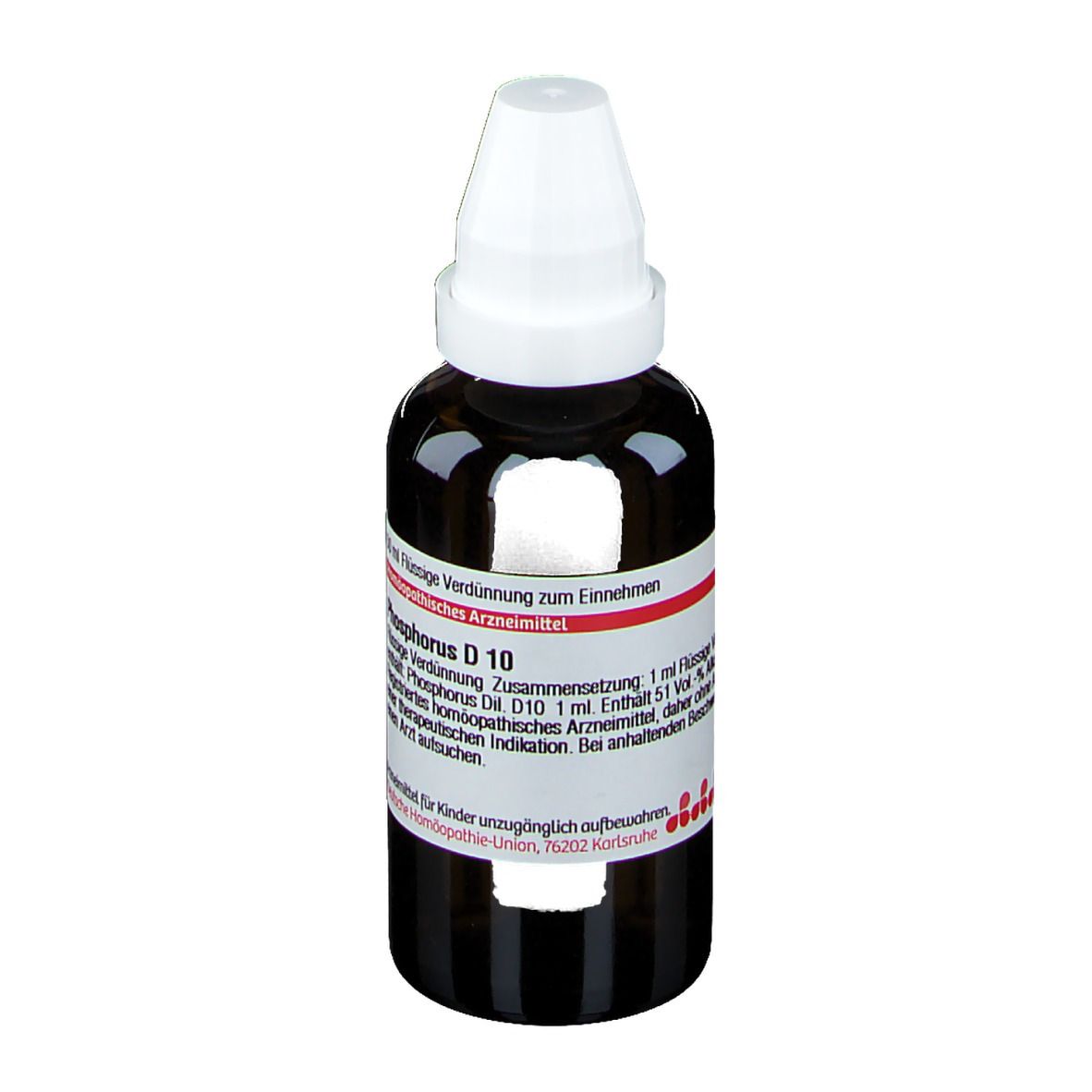 Braune Glasflasche mit weißem Verschluss. Beschriftung: Phosphorus D 10, DHU. Flüssige Verdünnung zum Einnehmen. Apothekenarznei.