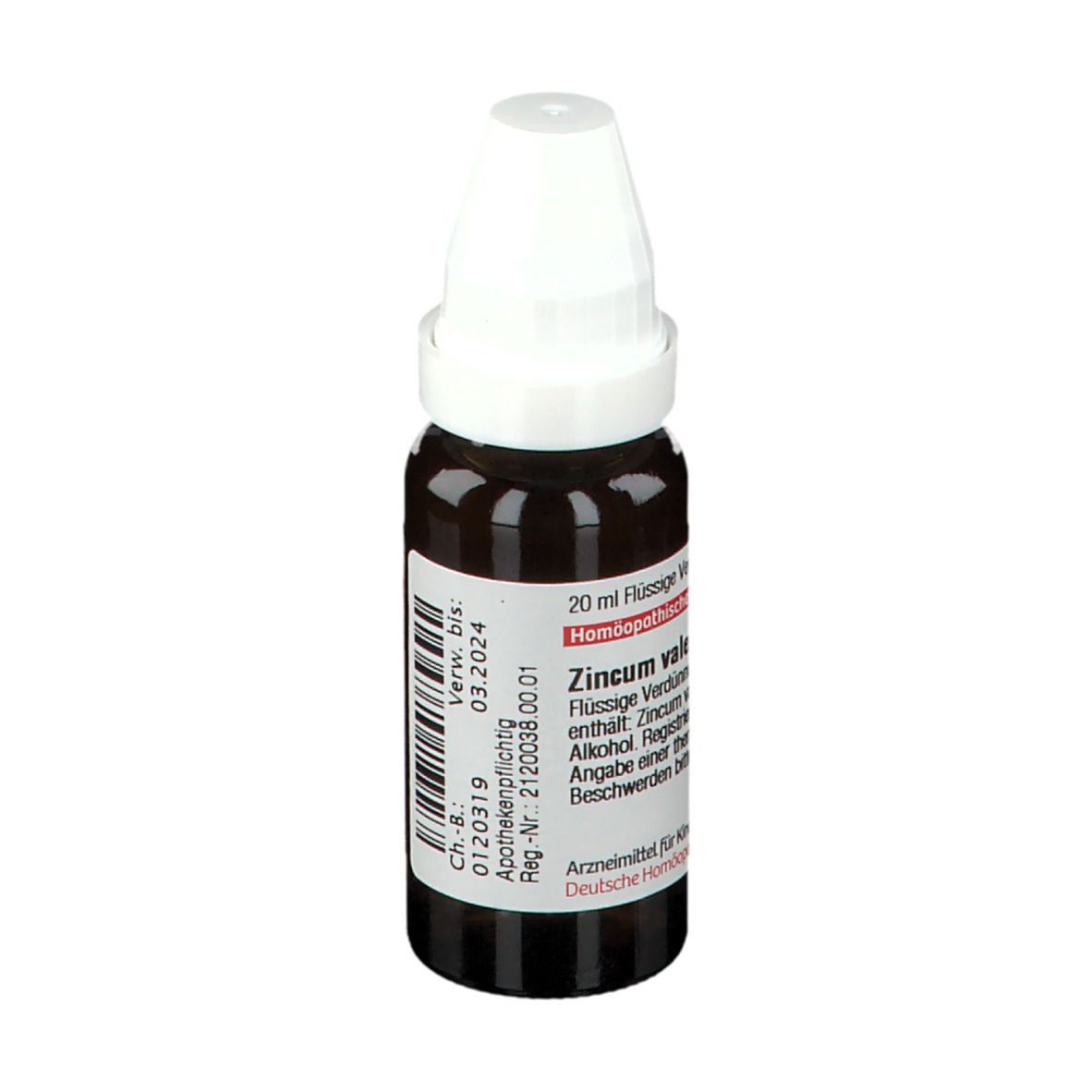 Braune Glasflasche mit weißem Verschluss. Etikett mit Text. Homöopathisches Arzneimittel.