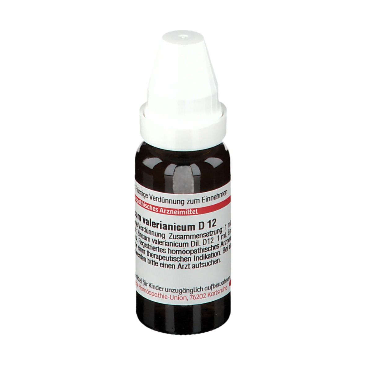 Braune Glasflasche mit weißem Verschluss. Etikett mit Text. Homöopathisches Arzneimittel.