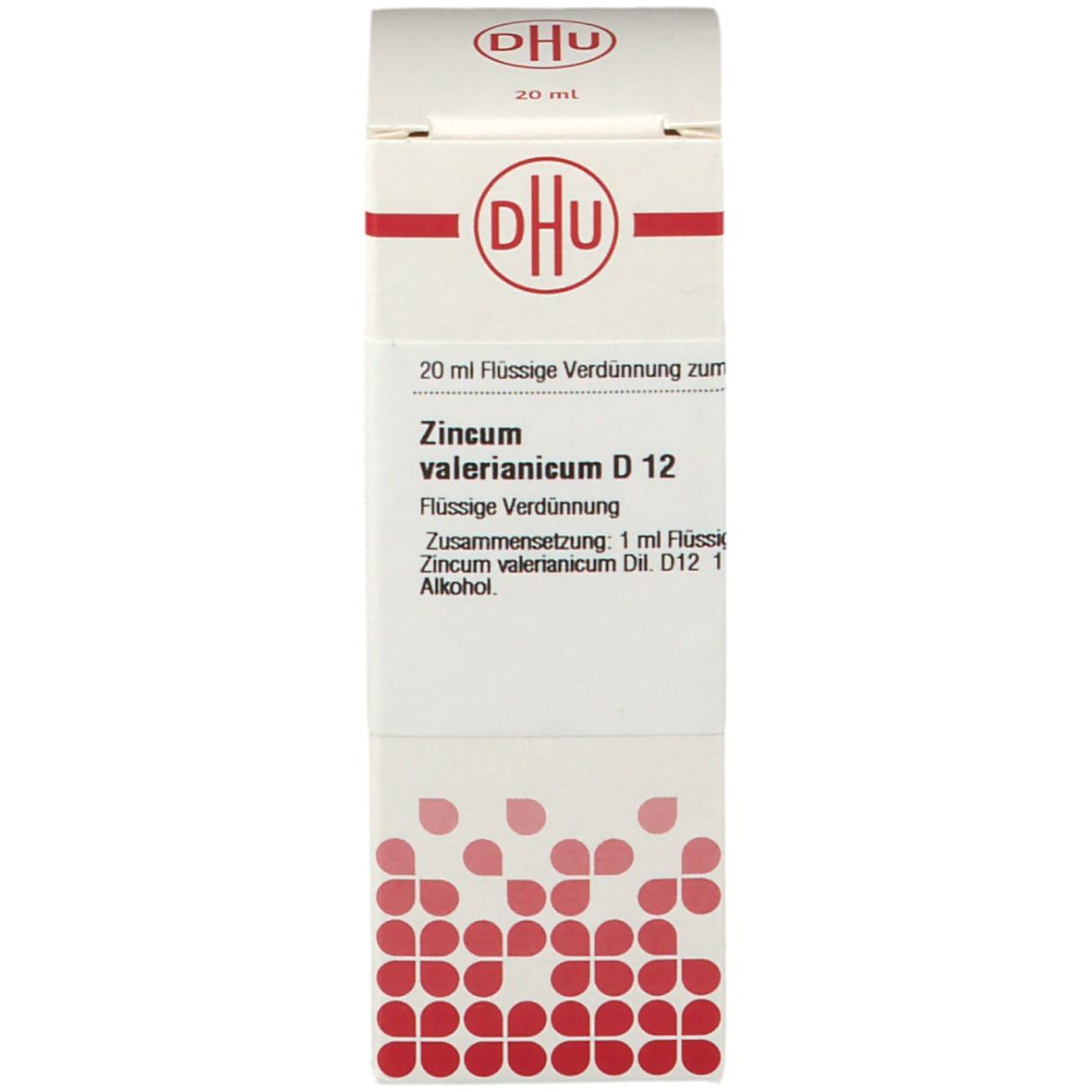 Weißer Karton mit roter Beschriftung. Beschriftung: DHU Zincum valerianicum D 12. Homöopathisches Arzneimittel.