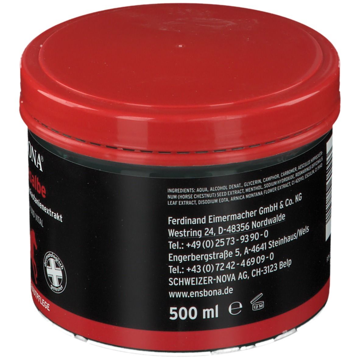 Runde Dose mit rotem Deckel und schwarzem Etikett. Aufschrift: ENSBONA Pferdesalbe, Inhaltsstoffe, Kontaktinformationen.