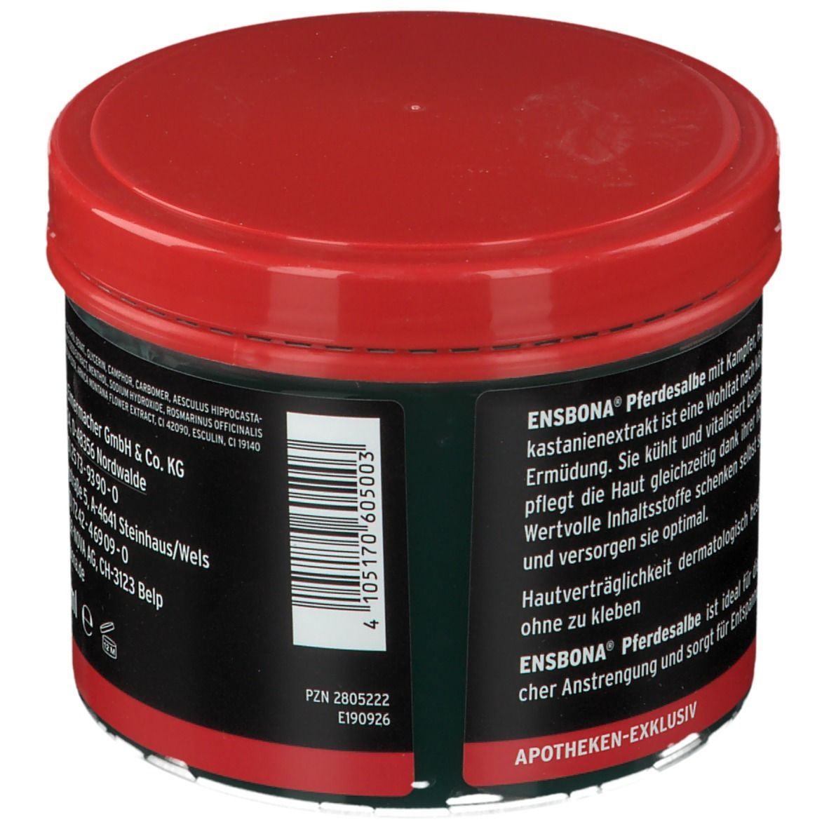 Runde Dose mit rotem Deckel und schwarzem Etikett. Aufschrift: ENSBONA Pferdesalbe, Barcode, Text über die Eigenschaften.