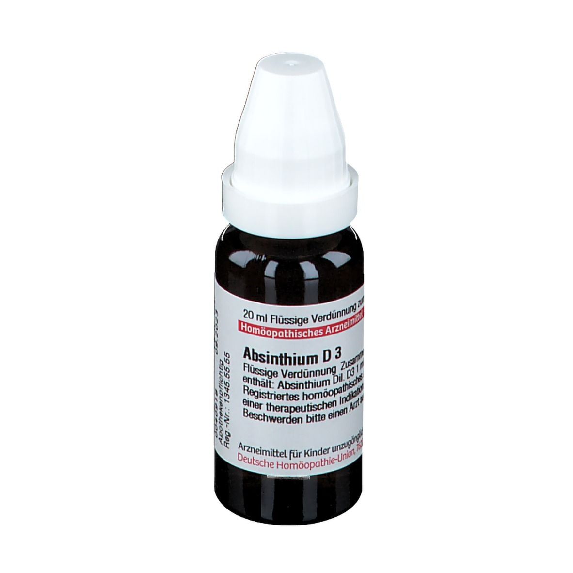 Braune Glasflasche mit weißem Verschluss. Etikett mit Produktinformationen. DHU Absinthium D3.